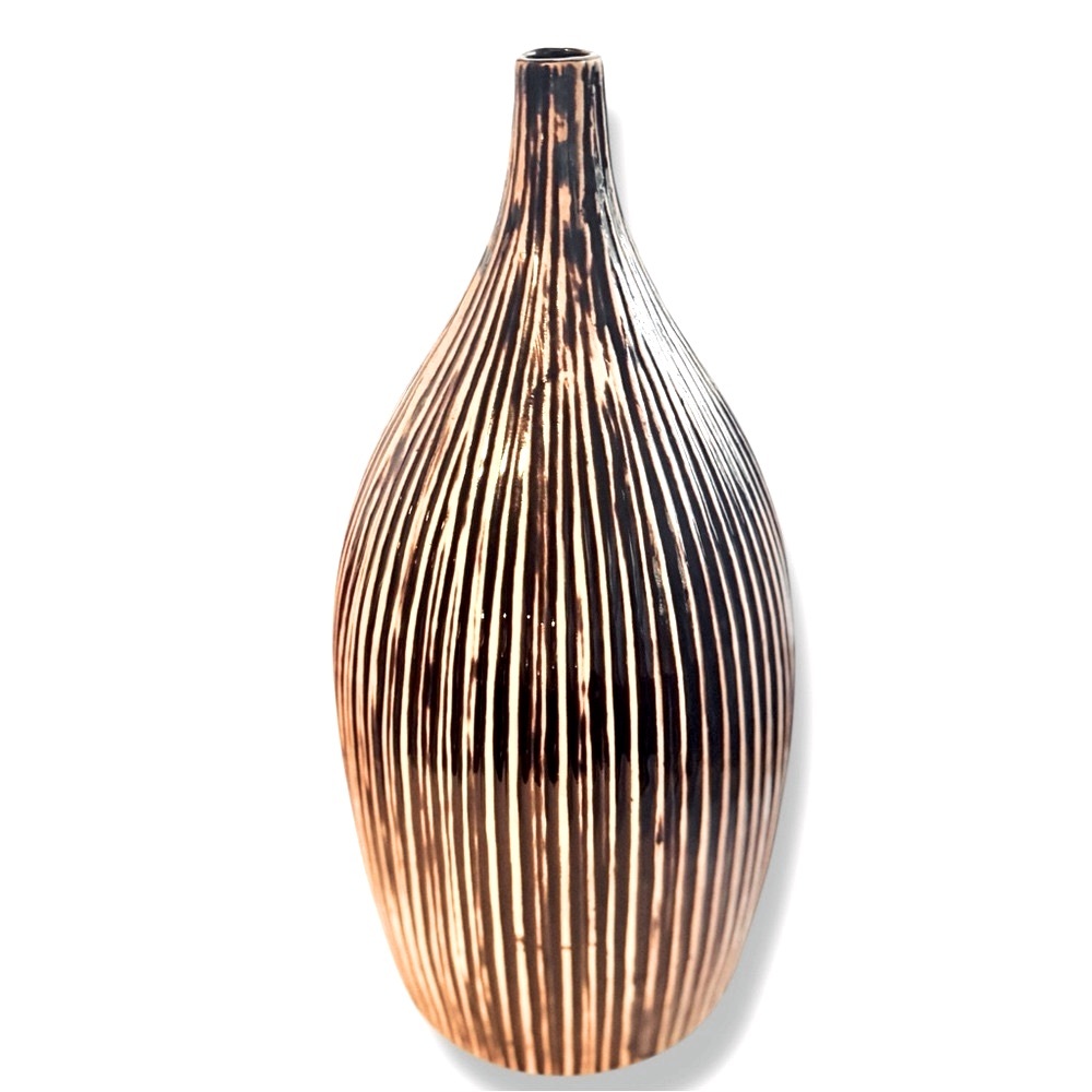 3 HANDS CORP Brown & Cream Decorative Vase w Ribbed Texture & Teardrop Shape
